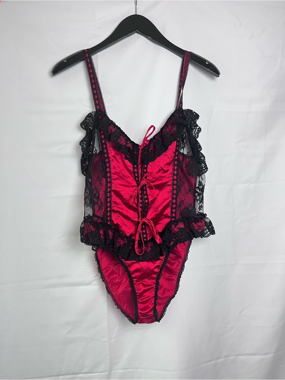 Vintage Red Satin & Black Lace Ruffle Teddy Bodysuit